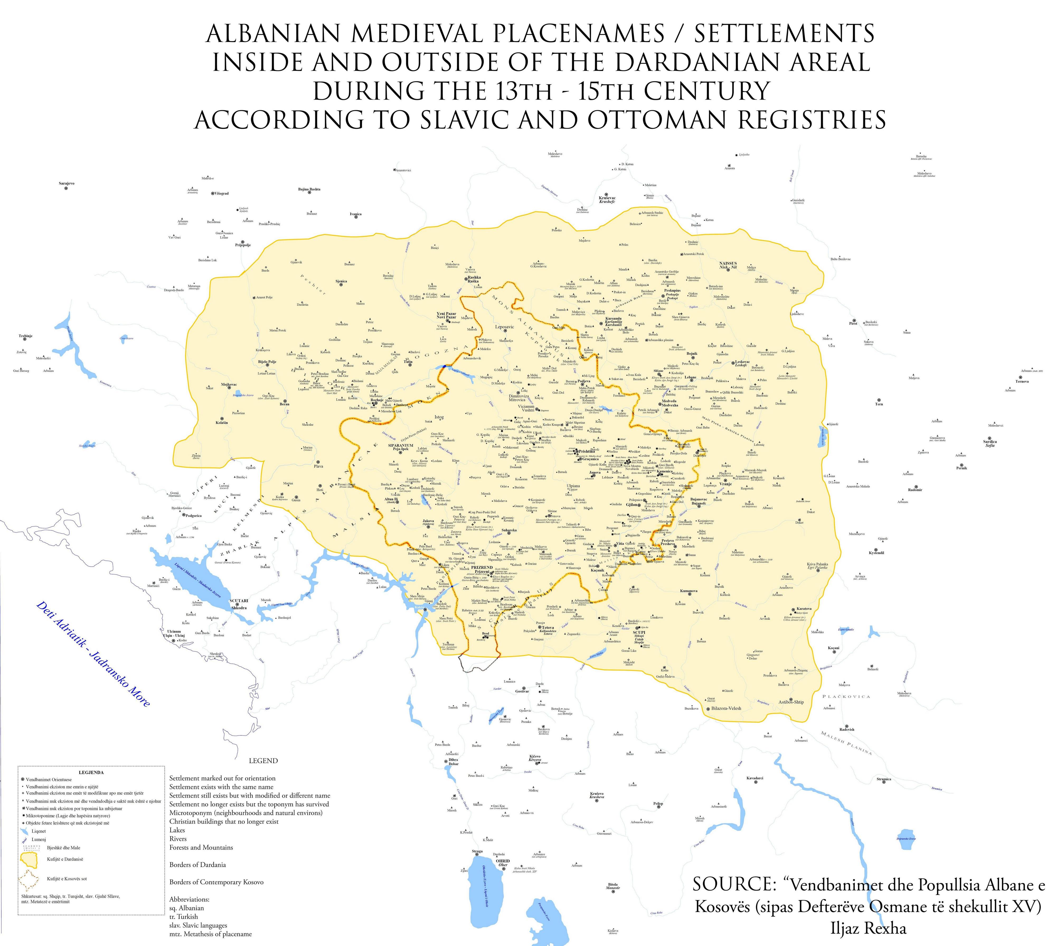 Albanian medieval placenames / settlements inside and outside of the Dardanian areal during the 13th century and 15th century according to Slavic and Ottoman records.