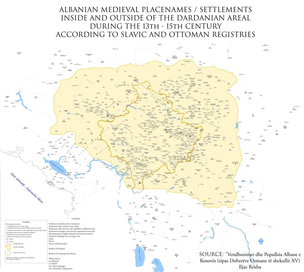 Albanian medieval placenames / settlements inside and outside of the Dardanian areal during the 13th century and 15th century according to Slavic and Ottoman records.
