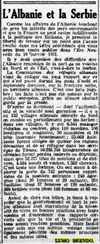 French paper L’ere Nouvelle: 2 letters on Serbian atrocities in Albania in 1913