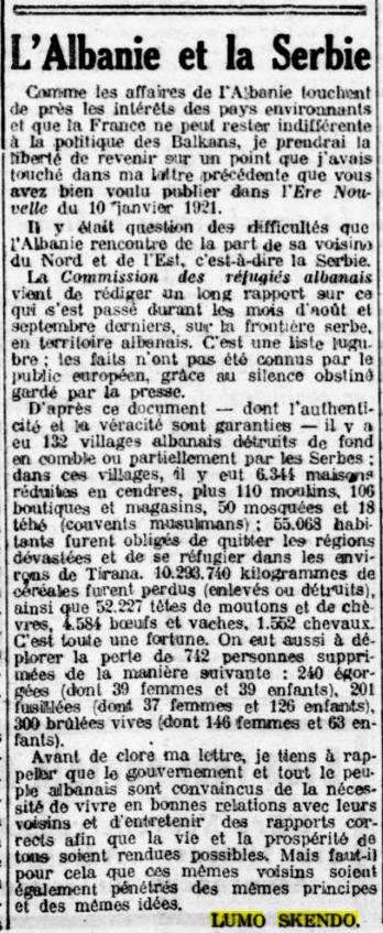French paper L’ere Nouvelle: 2 letters on Serbian atrocities in Albania in 1913