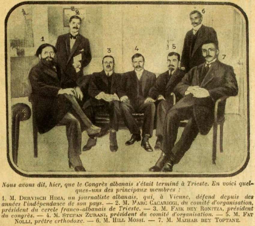 Members of the Albanian congress in Trieste in 1913. 1. Mr. Dervish Hima, Albanian journalist, who has been defending his country's independence for years in Vienna. 2. Mr. Mark Kakarriqi, from the organizing committee, chairman of the Franco-Albanian district of Trieste. 3. Mr. Faik Bey Konica, Chairman of the Congress. 4. Mr. Shtjefën Curani, Chairman of the Organizing Committee. 5. Mr. Fan Noli, Orthodox priest. 6. Mr. Hila Mosi. 7. Mr. Masar bey Toptani.