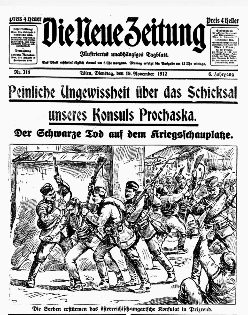 Newspaper drawing: Serbian troops storm the Austro-Hungarian consul in Prizren.