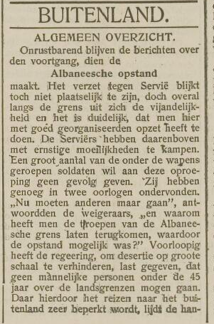 Historische Kranten, Erfgoed Leiden en Omstreken Leidsche Courant | 1913 | 27 september 1913 | page 1. Mentioning Serbian war crimes against Albanians, in illegaly invaded territories. Serbian troops murdered market visitors without trials.