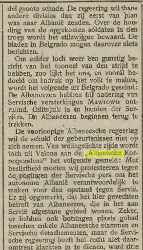 Historische Kranten, Erfgoed Leiden en Omstreken Leidsche Courant | 1913 | 27 september 1913 | page 1. Mentioning Serbian war crimes against Albanians, in illegaly invaded territories. Serbian troops murdered market visitors without trials.