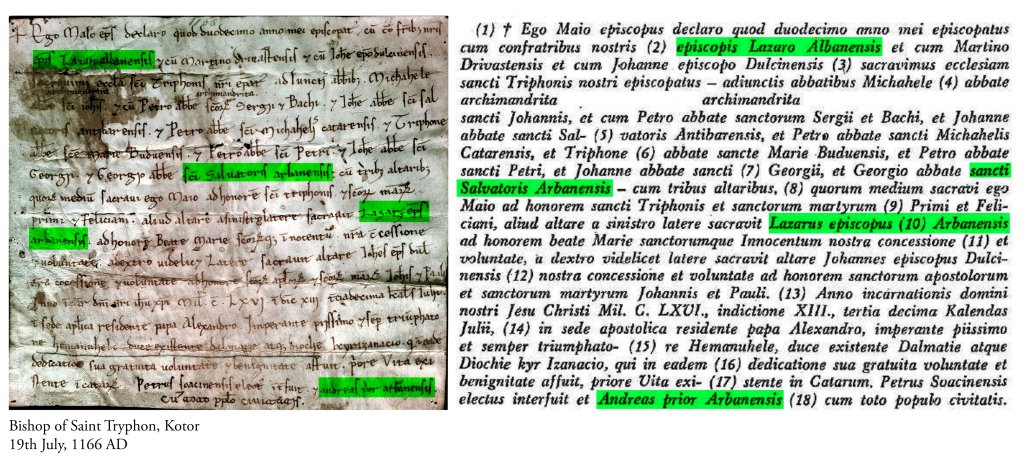 In a document dating from 1166 AD, we find a "Episcopis Lazaro Arbanensis" and a "Andreas prior Arbanensis." The title "prior" indicates regional autonomy, and a head bishop means a Diocese of Arbanon with defined borders already existed in 1166 AD.