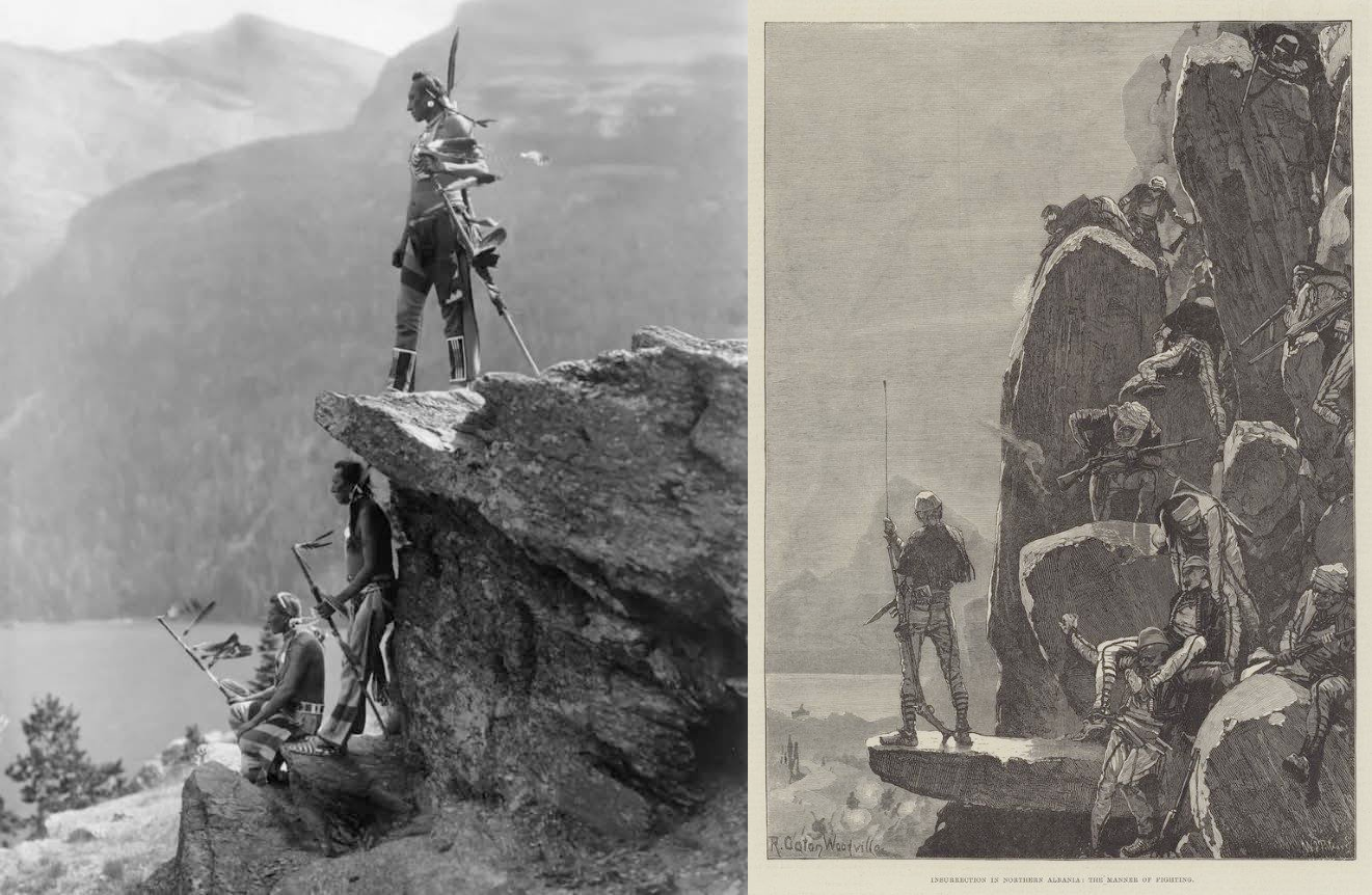 Native Americans in 1913 (left) and Albanian tribesmen fighting to defend Ulqin in 1880.