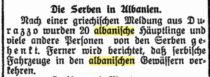 Serbian invader forces hanged 20 Albanian leaders and sailed in Albanian waters in&nbsp;1915