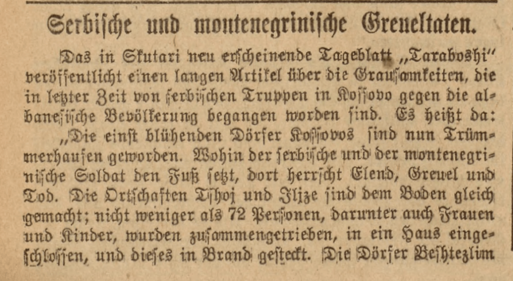 Serbian and Montenegrin atrocities in Popoc, Maznik, Jabllanicë, Zhabel and Novoselë in&nbsp;1913