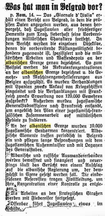 Yugoslav Serb imperialist aggressions against Albania in&nbsp;1927