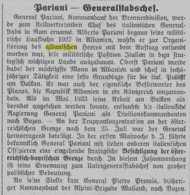 General Alberto Pariani and his role in the Albanian military in 1927