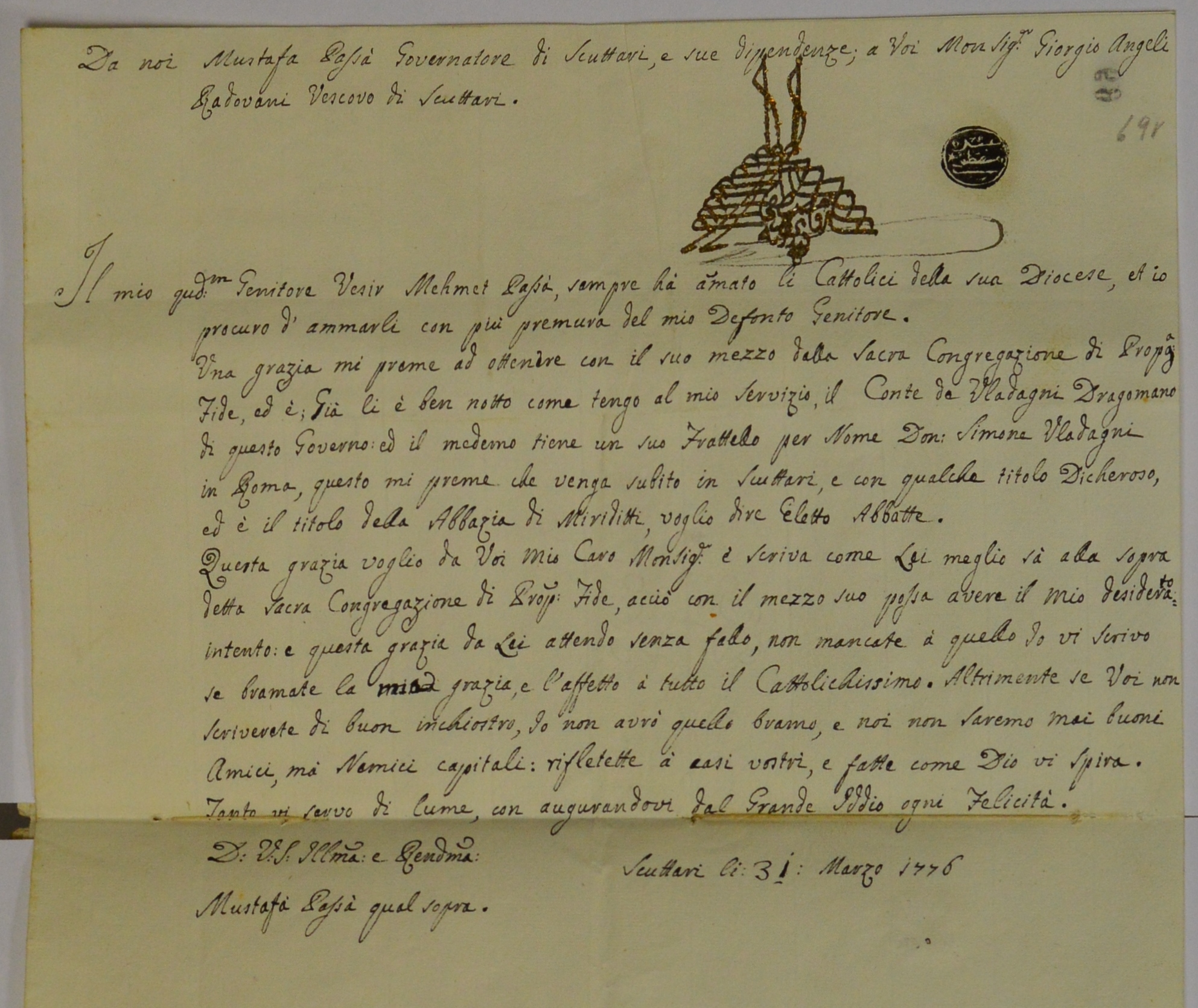 Mustafa Pasha's letter to Bishop Gjergj Radovani dated March 31, 1776.