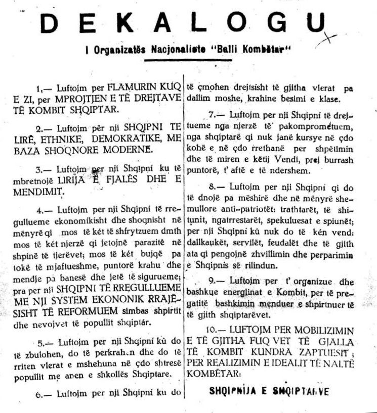 The Decalogue of the Albanian Nationalist Movement Balli Kombëtar