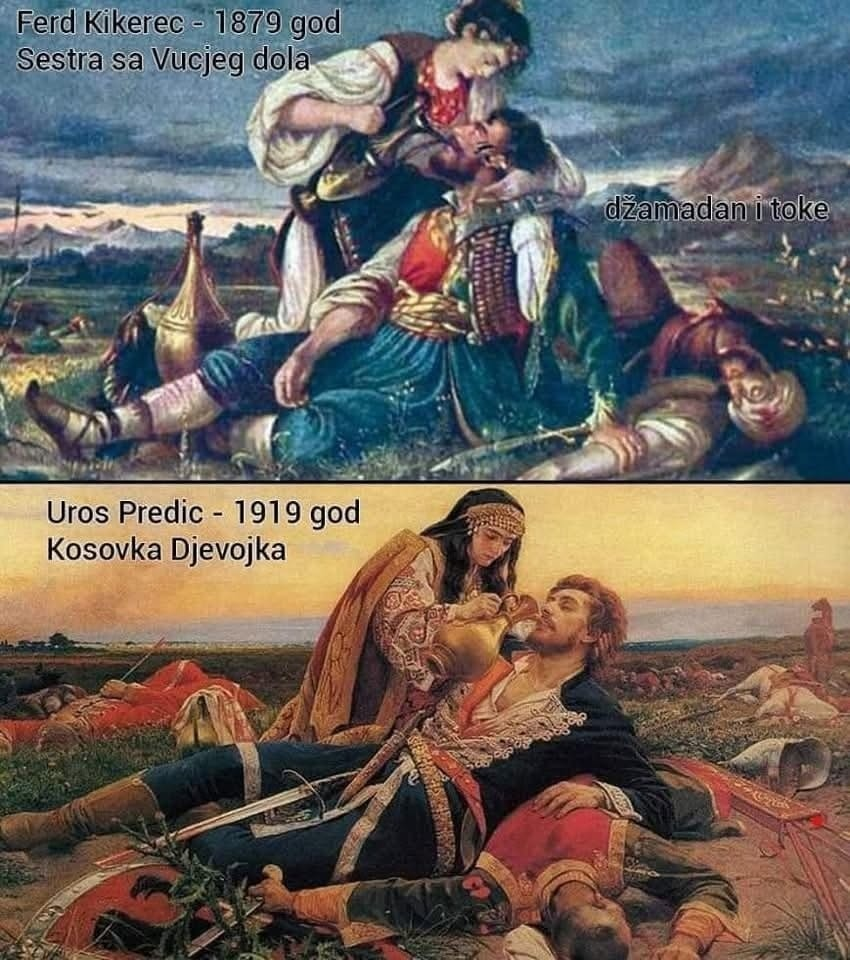 Uros Predics painting "Kosovo Girl" (1919) was inspired by Ferd Kikerecs "Sister of Vucjeg Dola" (1879) and the myth of Milos Obilic