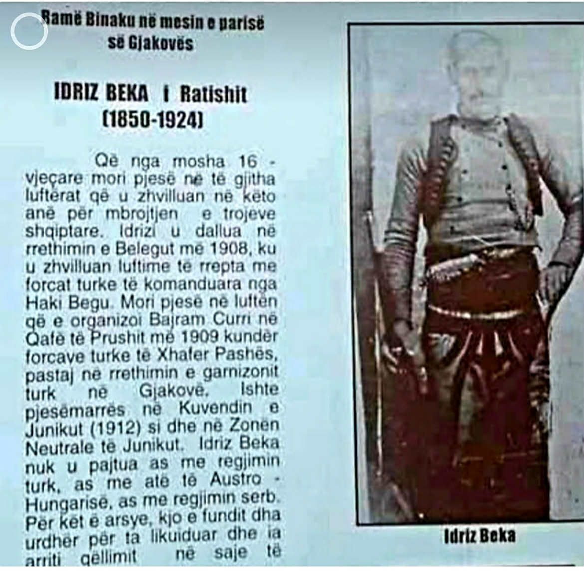 Albanian hero Idriz Beka (1850-1924) of Ratishit