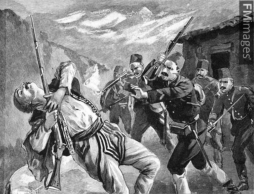 ALBANIA, 1911: Turkish soldiers killing an Albanian in the courtyard of his house in Albania