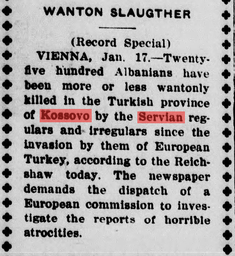 2,500 Albanians were killed by Serbian regulars and irregulars in 4 months (October 1912 – January&nbsp;1913)