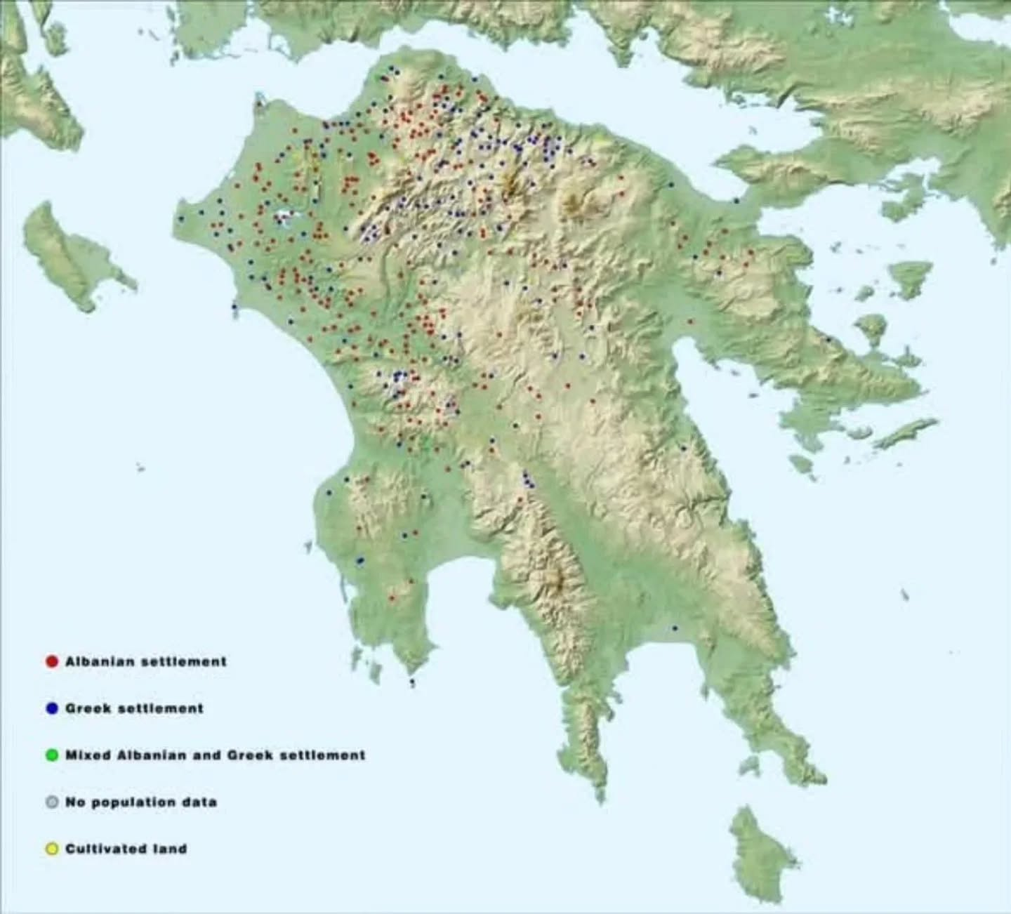 Identified Albanian settlements in the Peloponnese in 1460-1463