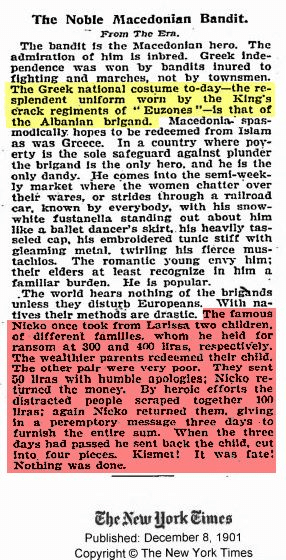 The New York Times in 1901: The Greek national costume is worn by the Albanian Brigand