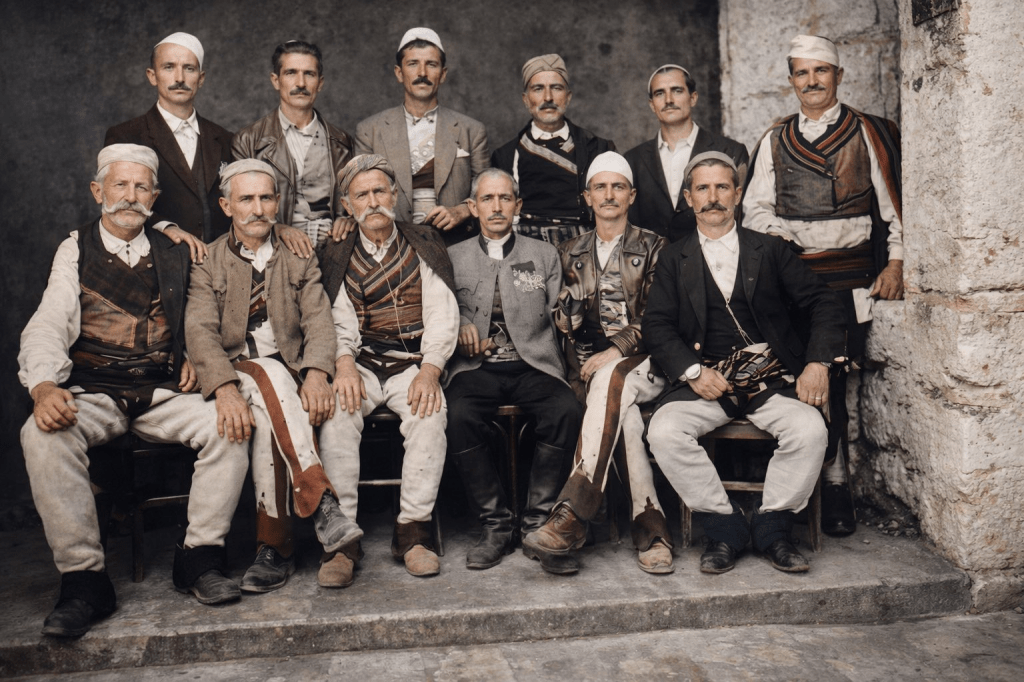 A photo of Brahim Uli Kajoshaj, Zef Prëka Berishaj, Selman Juku Dukaj, Prel Kola Kalaj, Marash Tocrri Berishaj, Pretash Nika Camaj, Marash Ujk Dushi Kalaj, Tom Gjon Smaku Berishaj, Mehmet Murati Gjokaj, Kol Zefi i Grudës Ivezaj, Smajl Haxhia Çunmulaj and Malot Pretashi Berishaj