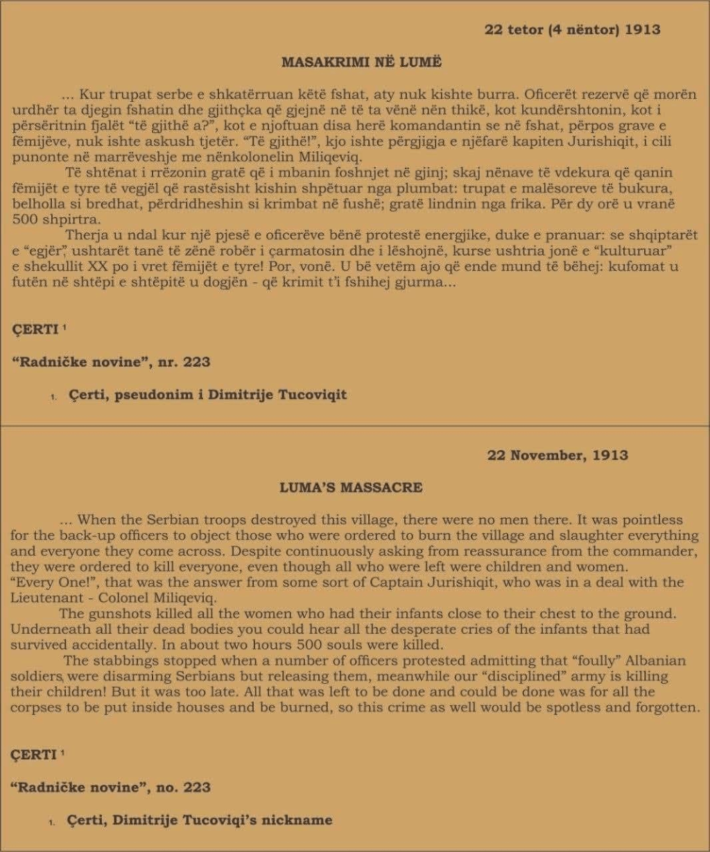 The Serbian paper Radničke novine“, no. 223, November 22, 1913: The Serbian massacre of the Albanians of Luma carried ut by Jurišić and Milićević