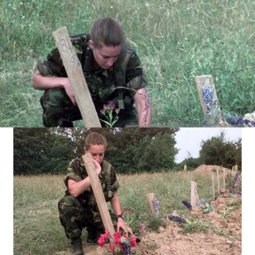 British special operations captain Vicki Wentworth crying in Kaçanik in June 1999 during the burial of over 15 children aged 8 months to 6 years massacred by the Serbian army.