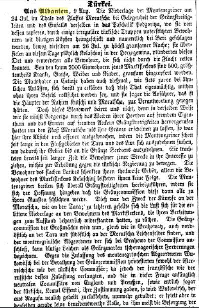 The Montenegrins atrocities against the Albanians of Kolashin after the Montenegrin defeat at Moraça in&nbsp;1858