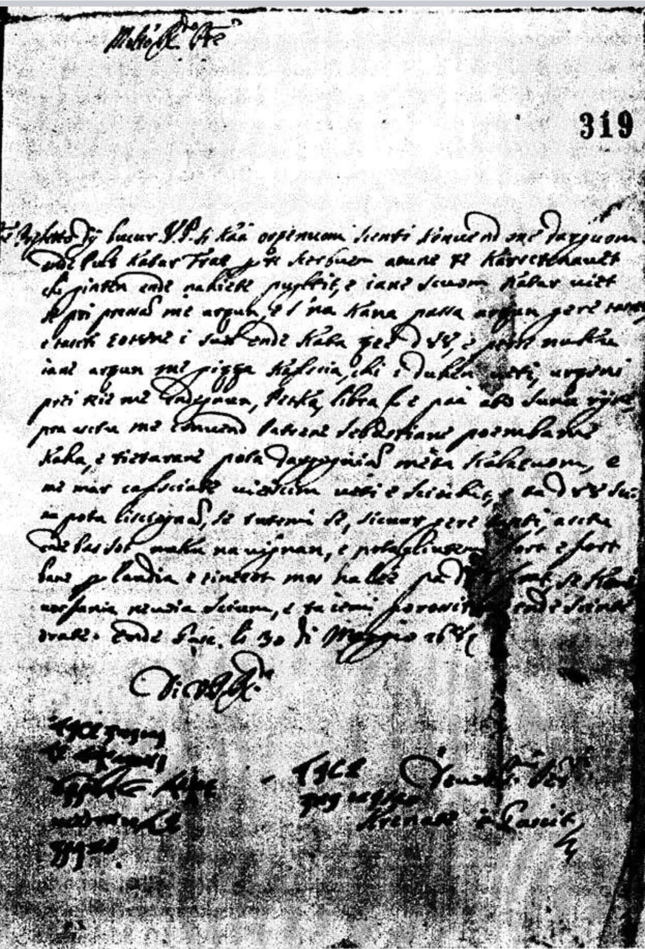 A letter in Albanian from the leaders of Gashi from 1689