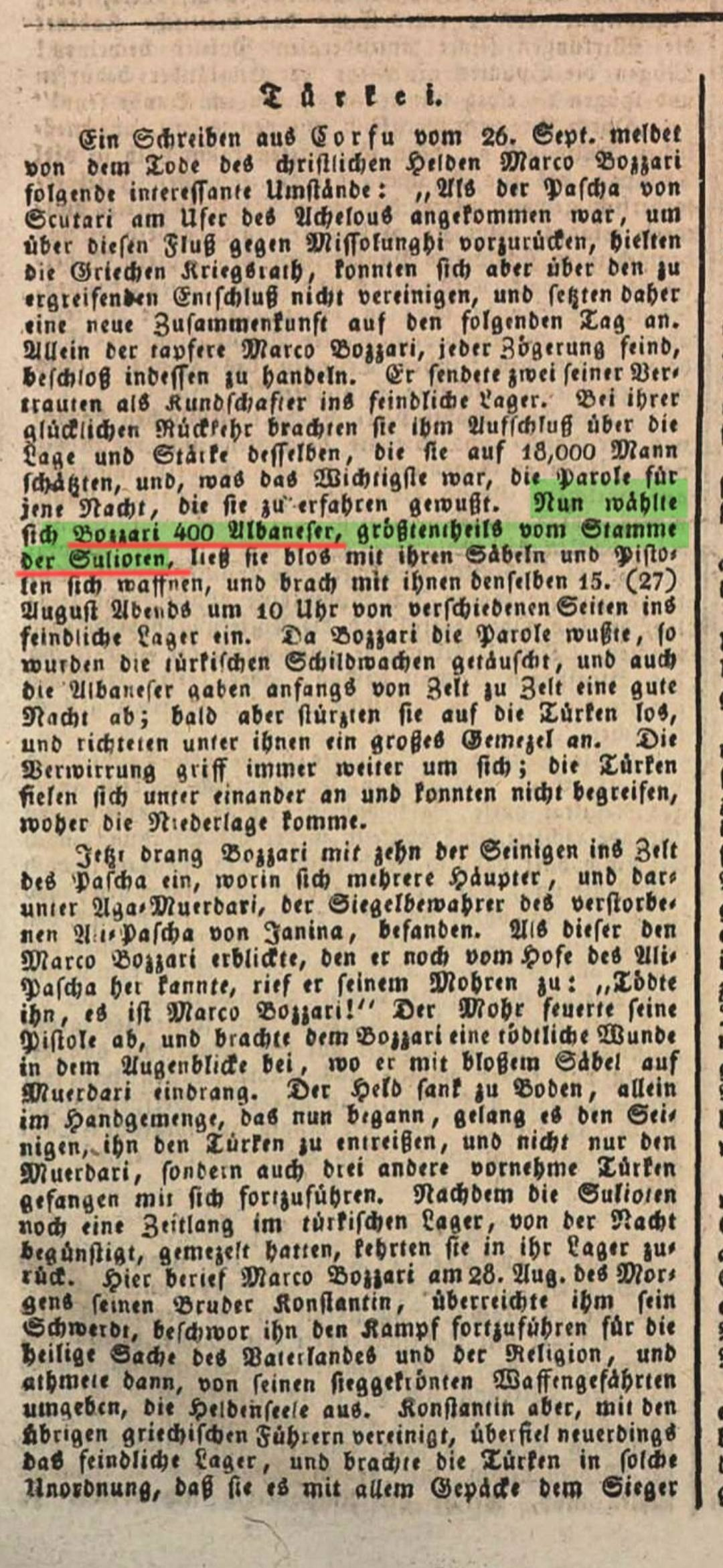 Newspaper “Neckar Zeitung” of Stuttgart in 1823: Marko Boçari with his 400 Albanians was selected by the Suliots