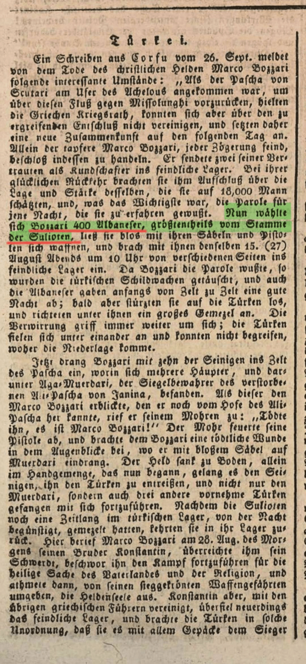 Newspaper “Neckar Zeitung” of Stuttgart in 1823: Marko Boçari with his 400 Albanians was selected by the&nbsp;Suliots