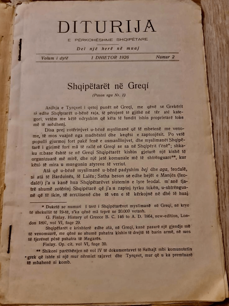Albanians in Greece, from the newspaper “Dituria”, Number 2, December 1, 1926