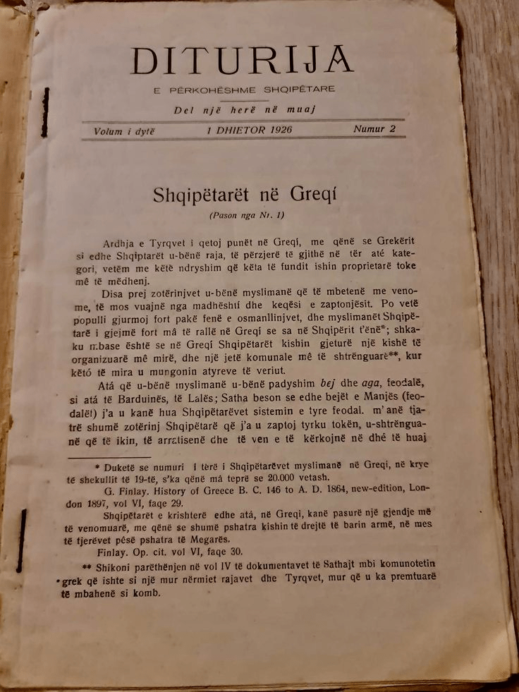 Albanians in Greece, from the newspaper "Dituria", Number 2, December 1, 1926