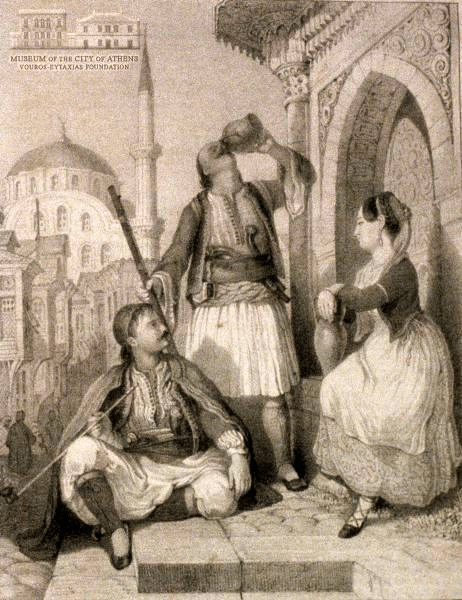 This engraving by Rupp Gutsen (1793-1854) shows two Albanian men and a Greek woman of Smyrna lithography, 16.5 x 12 cm.
