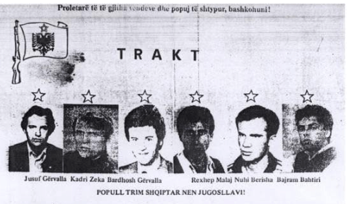 Albanian martyrs Jusuf Gërvalla, Kadri Zeka Bardhosh Gërvalla, Rexhep Malaj, Nuhi Berisha and Bajram Bahtiri mentioned in 1984
