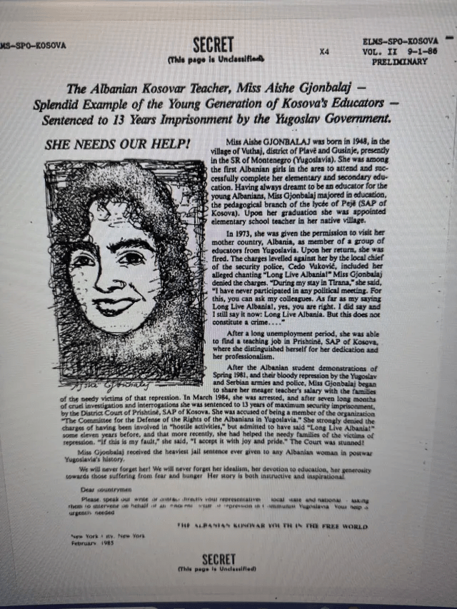 A rare document from 1985: Appeal of the Albanian diaspora in the US for the release of teacher Ajshe&nbsp;Gjonbalaj
