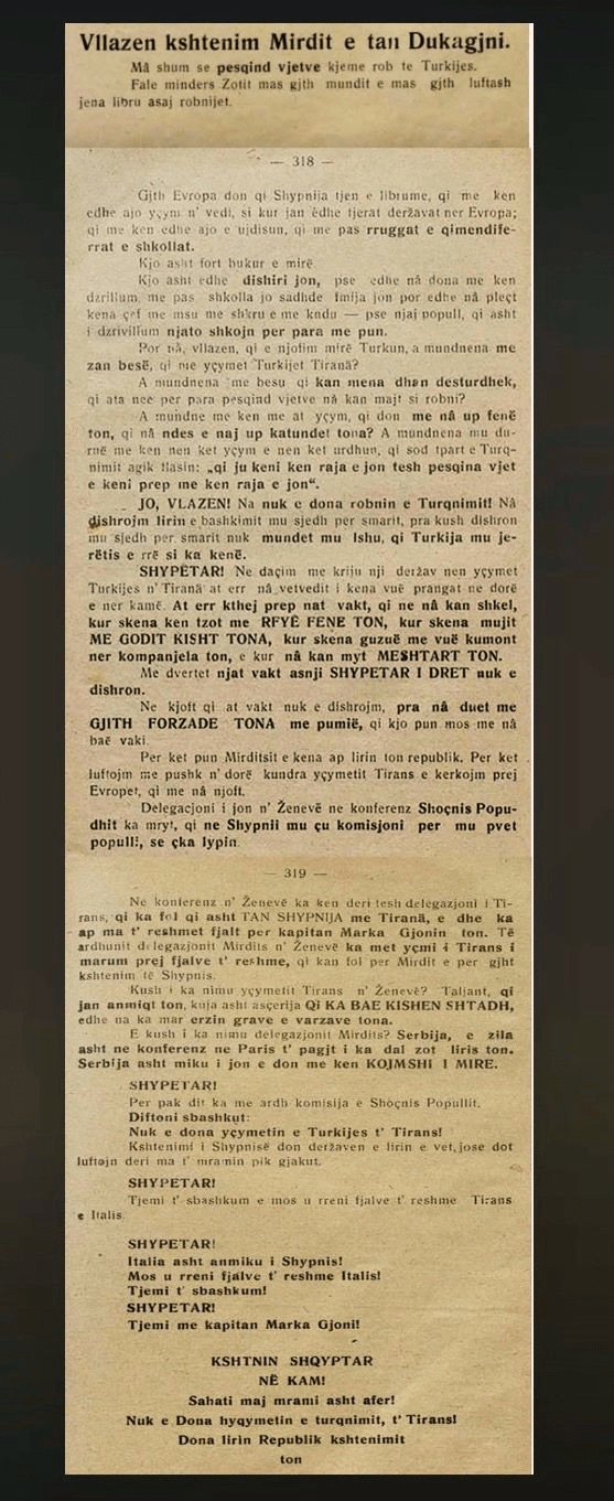 An Albanian political proclamation from Mirdita from&nbsp;1921