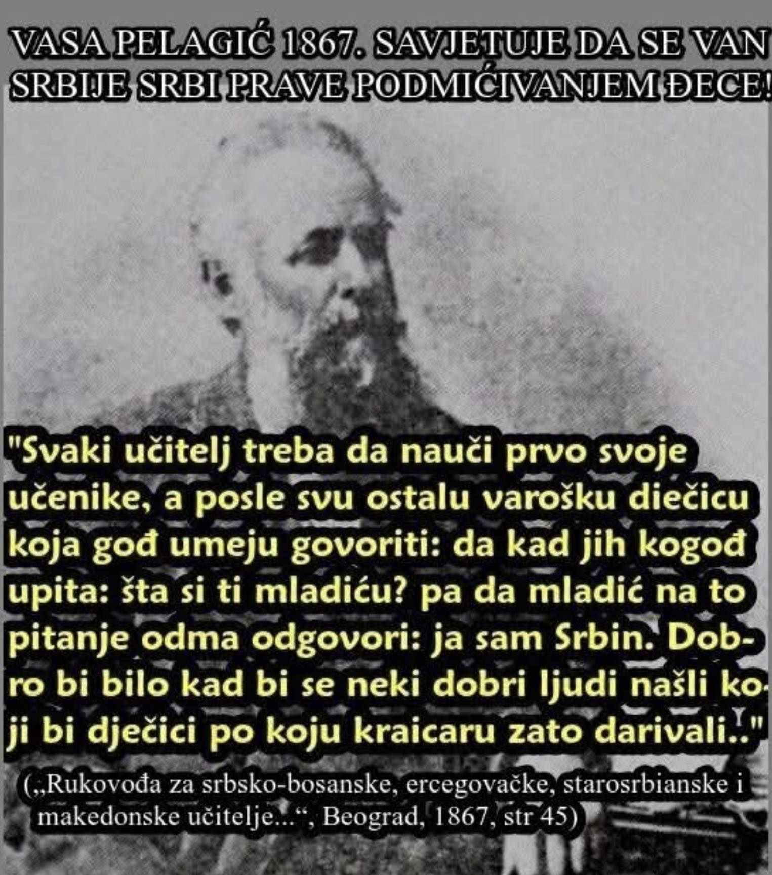 Васа Пелагић је 1867. године саветовао да Срби у Србији индоктринирају своју децу