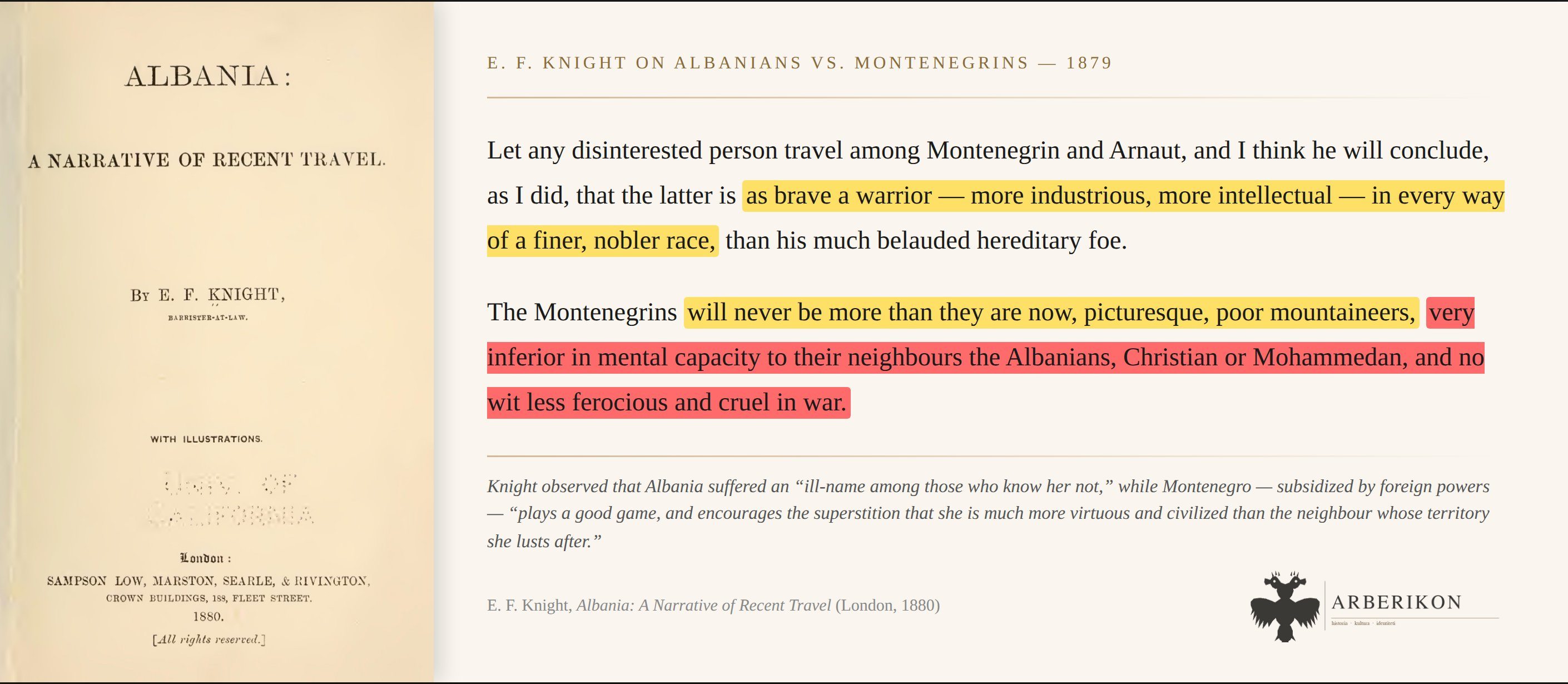 Е. Ф. Најт 1879: Албанци су марљивији, интелектуалнији и племенитији од свог црногорског непријатеља