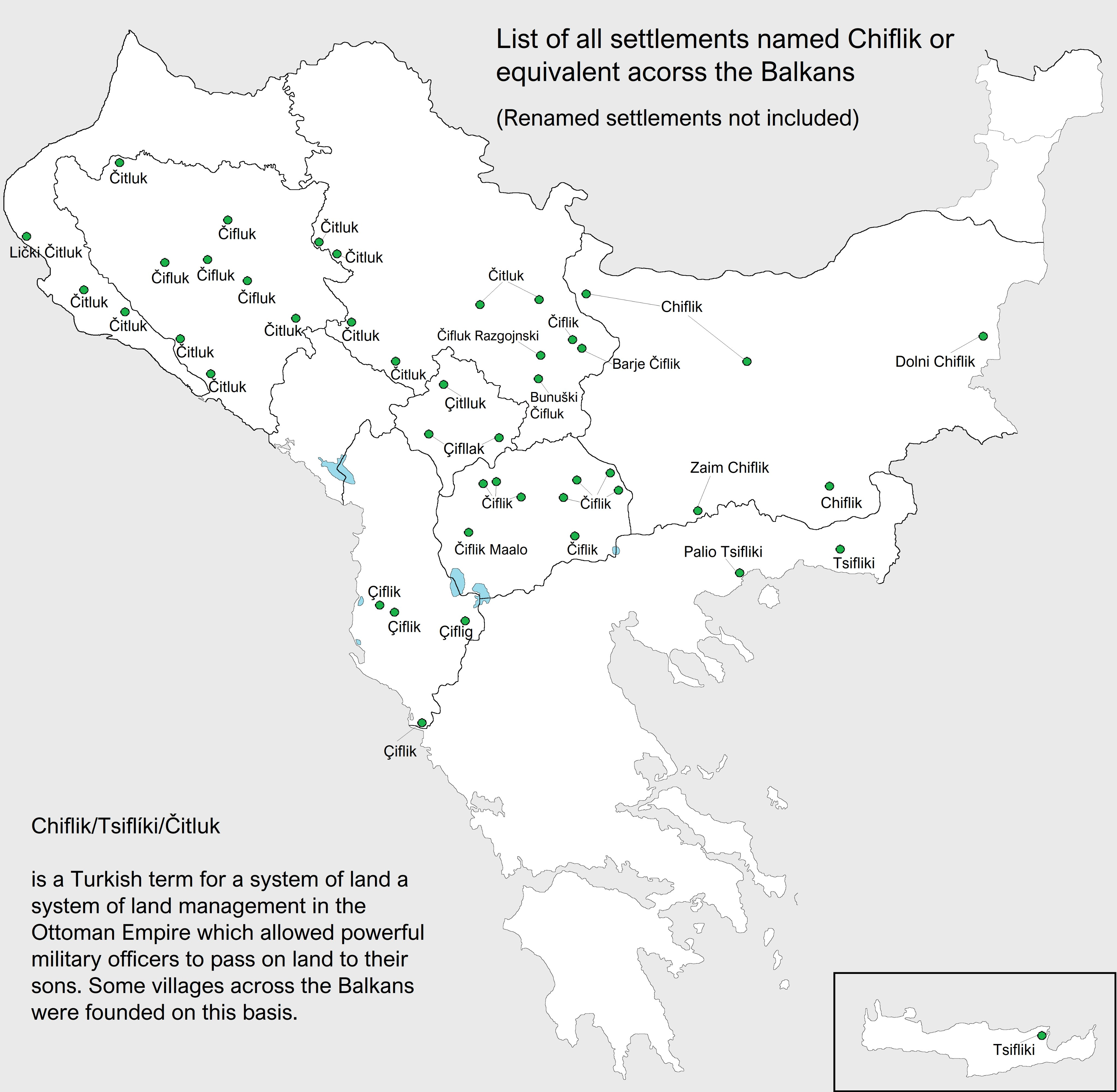 List of all settlements named Chiflik or equivalent across the Balkans