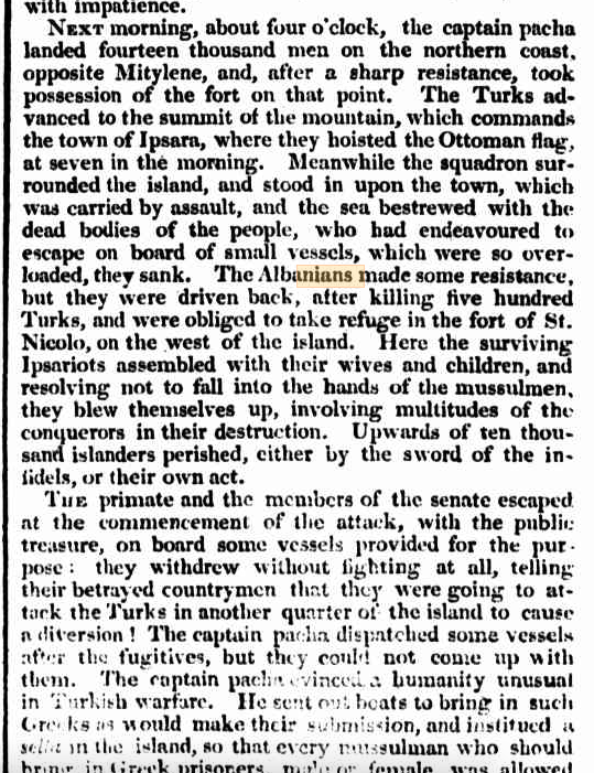 The Battle of St. Nicolo of Mitylene in 1826 when Albanians killed 500 invading Turkish soldiers