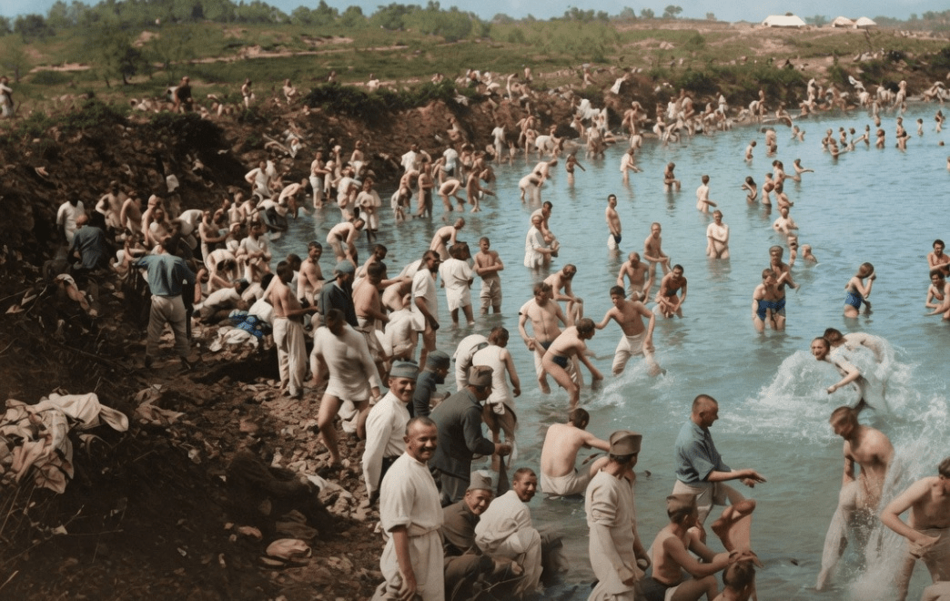Serbs bathing in Corfu after starting World War One (The Great War)