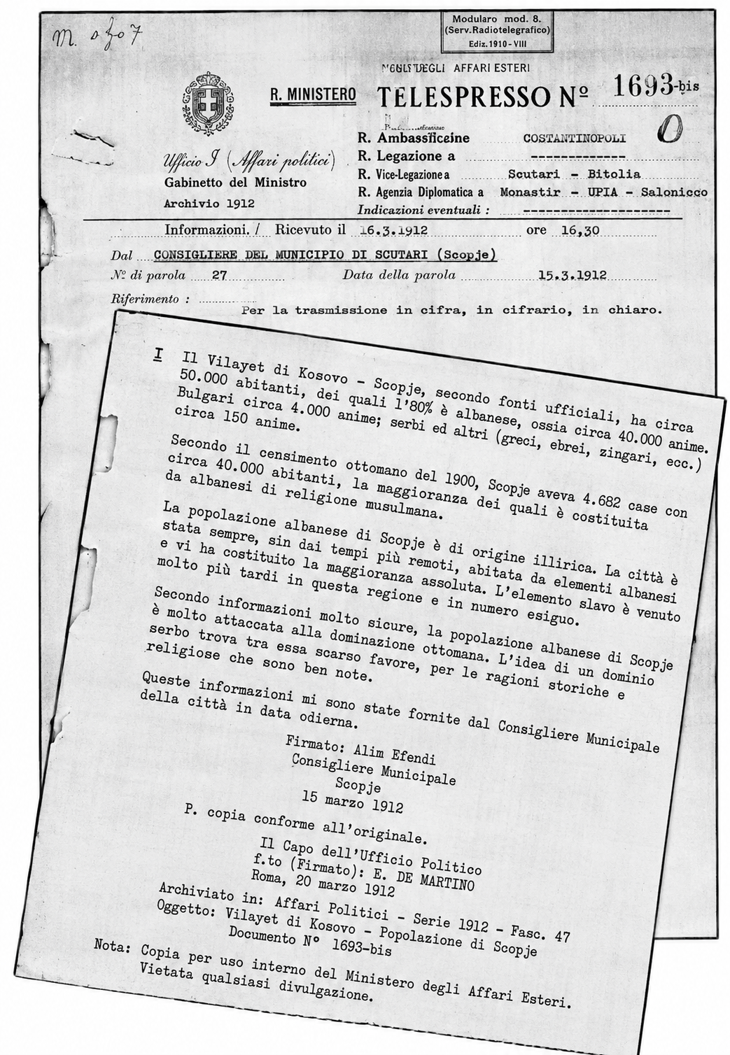 Italian Ministry of Foreign Affairs (MFA) shows Skopje (Shkup) inhabited by 80% Albanians