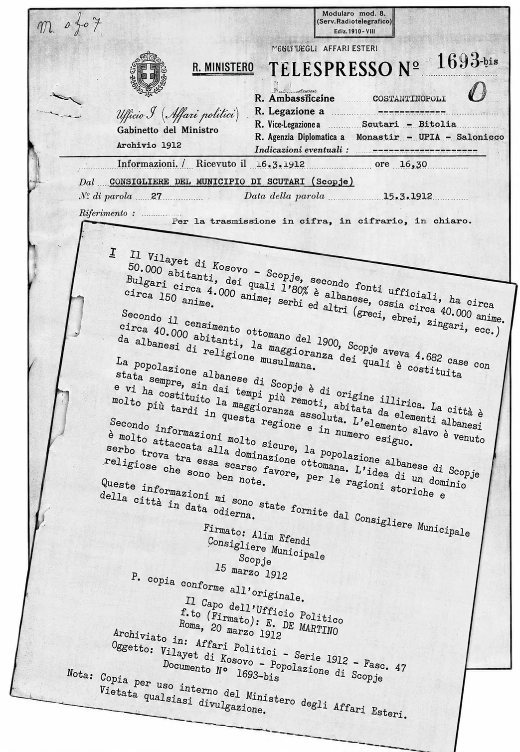 Italian Ministry of Foreign Affairs (MFA) shows Skopje (Shkup) inhabited by 80% Albanians