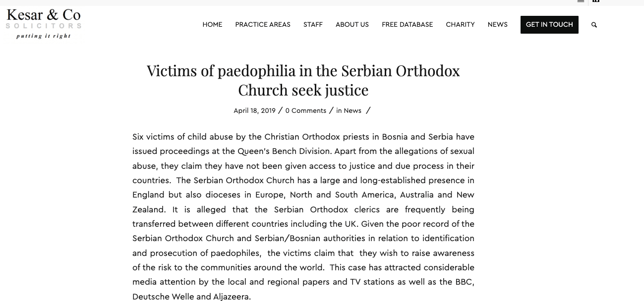 Pedophilia, Child Sexual Abuse, and Sex Trafficking in Serbia and in the Serbian Orthodox Church