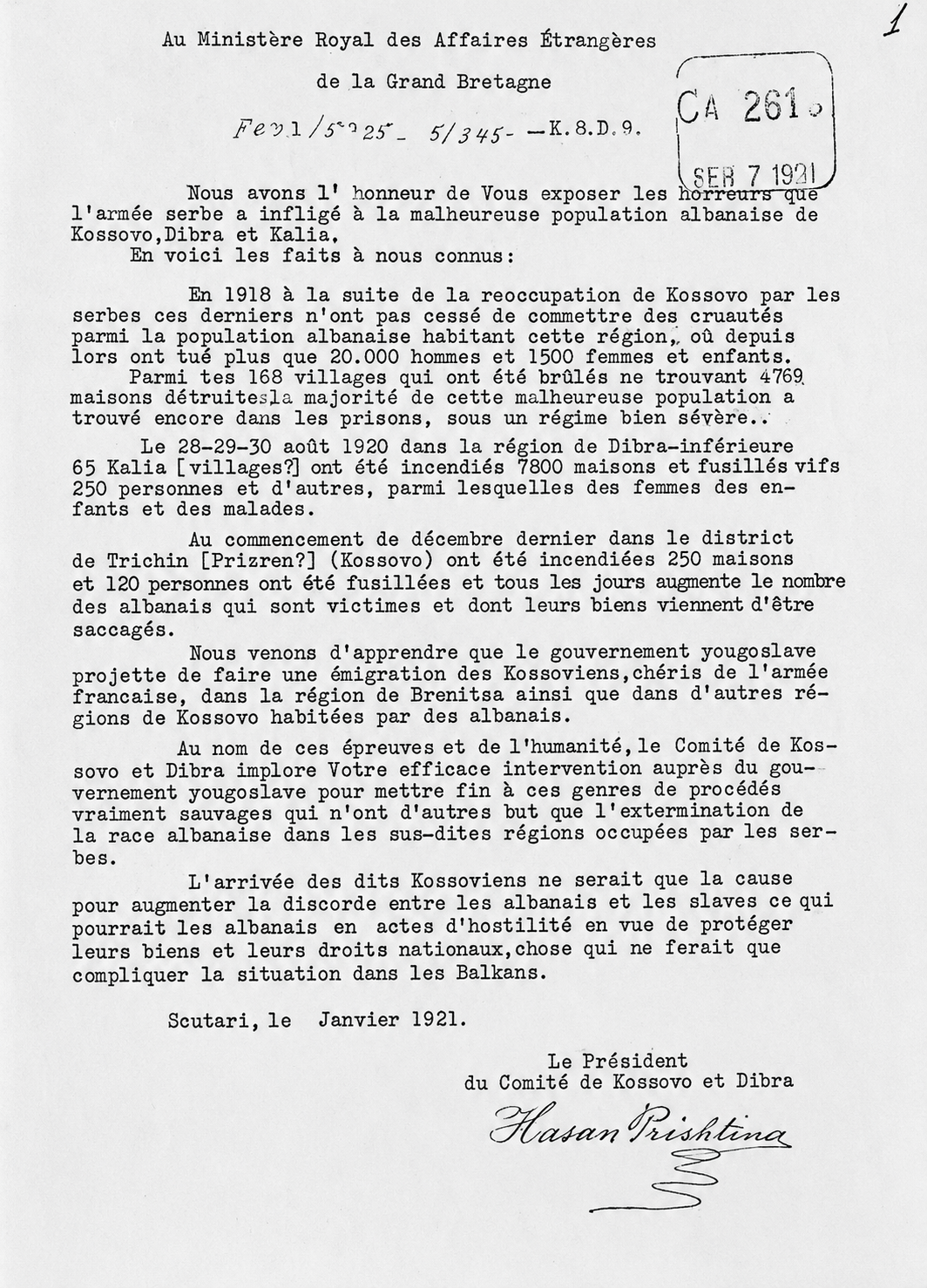 Hasan Prishtinas telegram to the Royal Ministry of Foreign Affairs of Great Britain regarding Serbian Massacres in Luma and Dibra (1918-1920)