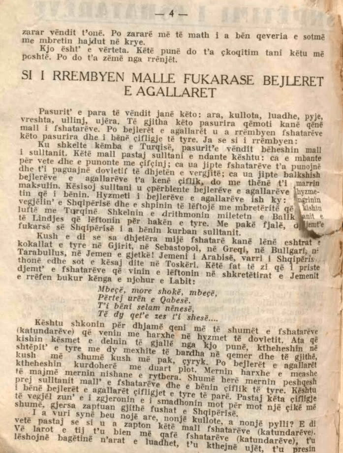 Albanian article from the 1920s on how the beylers and agallars stole the goods of the poor