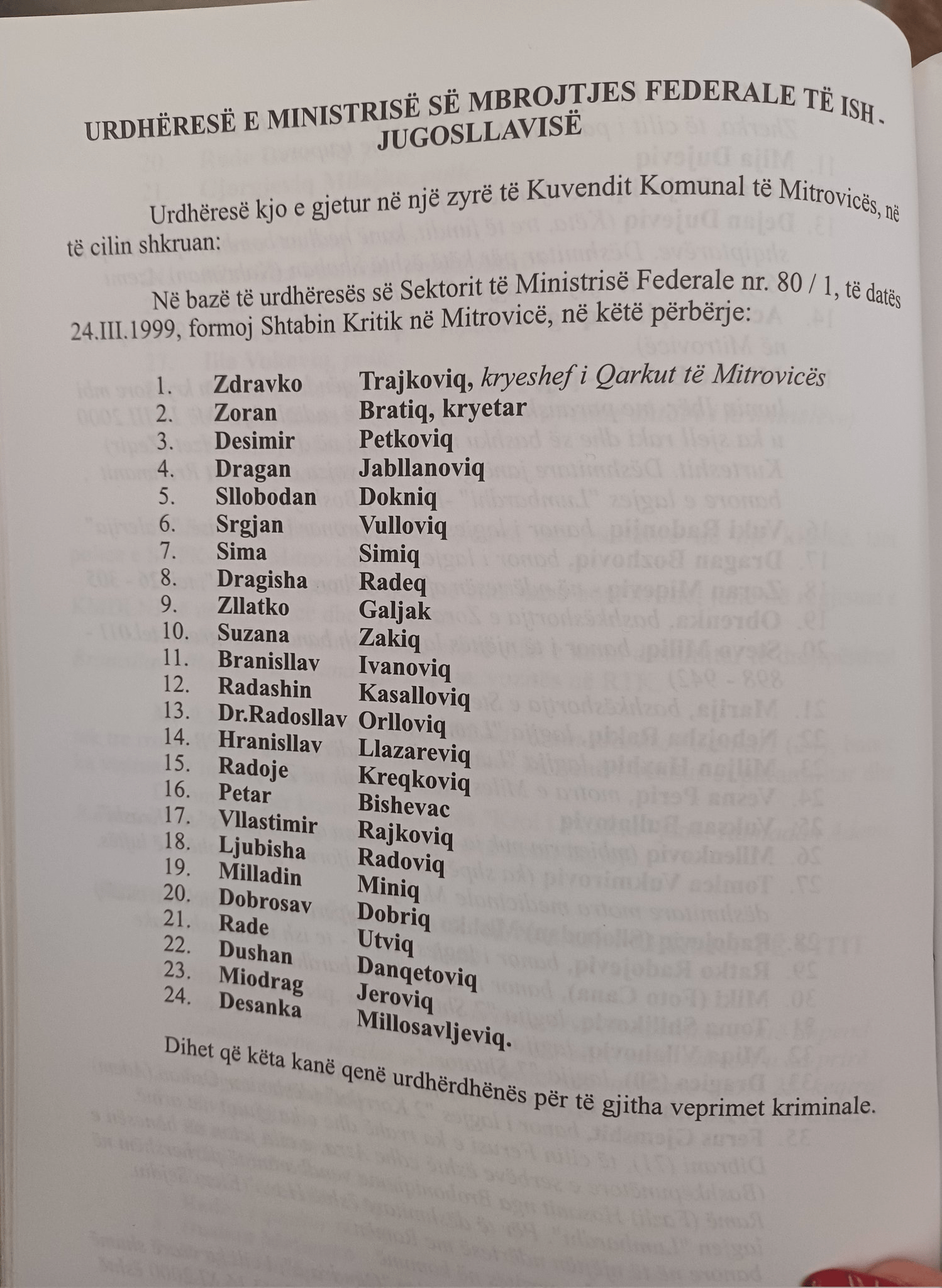Kaltrina Kamberi: List of Serbian criminal members of the “Crisis Headquarters” (Krizni štab) in Mitrovica