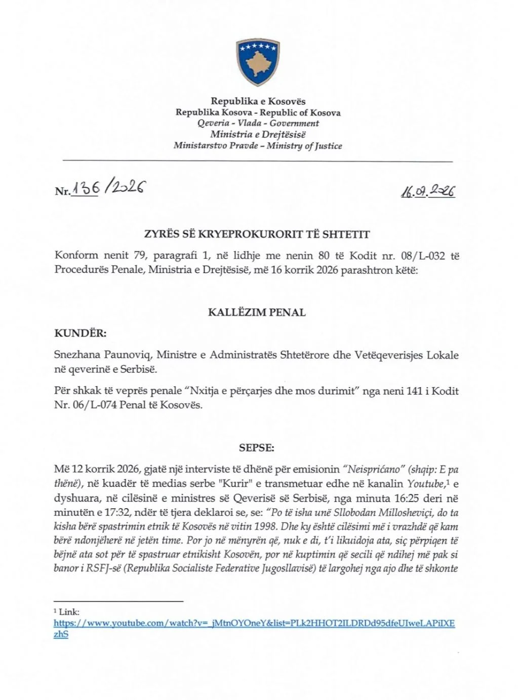 Minister of Justice of the Republic of Kosova files a criminal report against Serbia’s Minister Snezhana Paunović