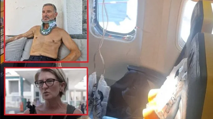 An Albanian man saved a Serbian businessman from being sucked out of Ryanair plane after a window broke during the flight.