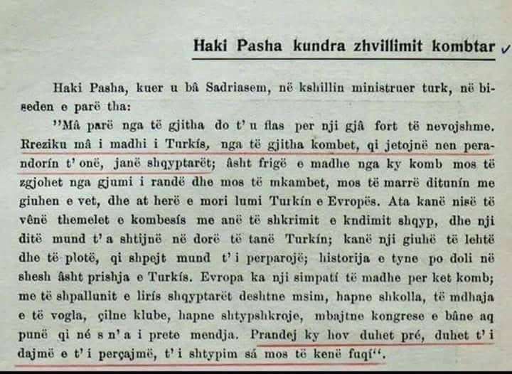 The Ottoman statesman Ibrahim Hakki Pasha (1862-1918): Albanians are the greatest threat to Turkey