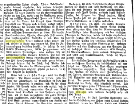 The Serbian defeat at Tschokvica (Čokoviće) near Novi Pazar and the Montenegrin defeat in Podgorica against Turkish-Albanian forces in 1876